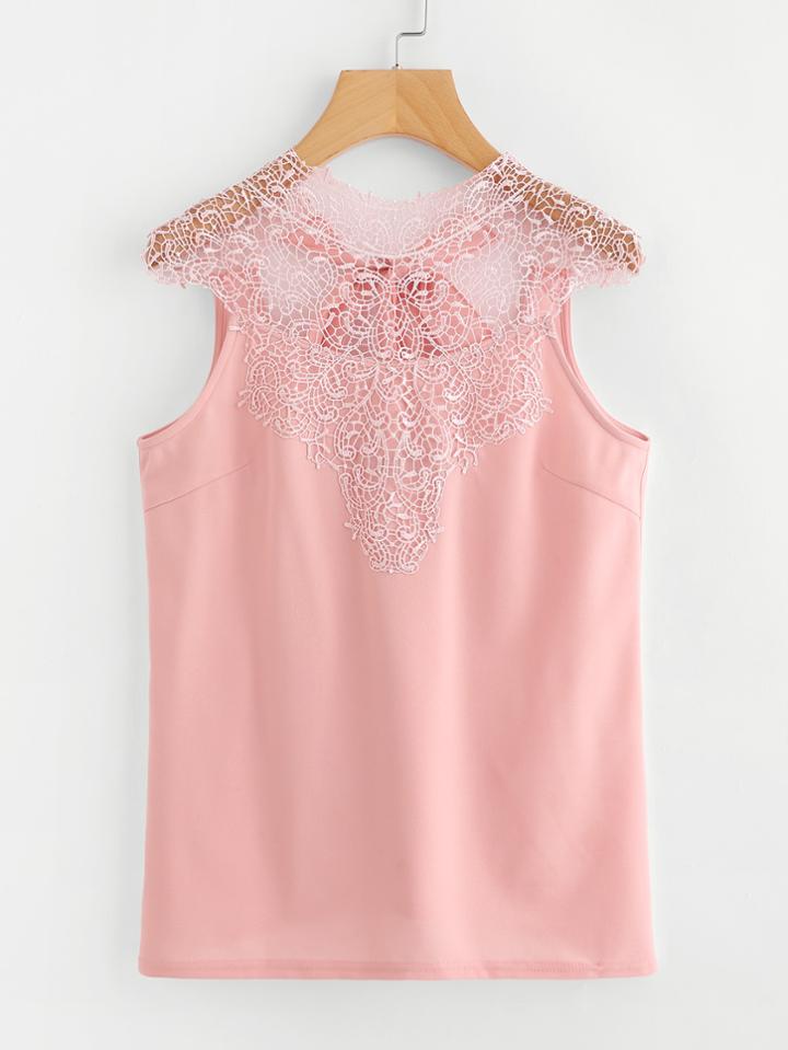 Romwe Lace Yoke Bow Tie Open Back Top
