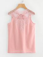 Romwe Lace Yoke Bow Tie Open Back Top