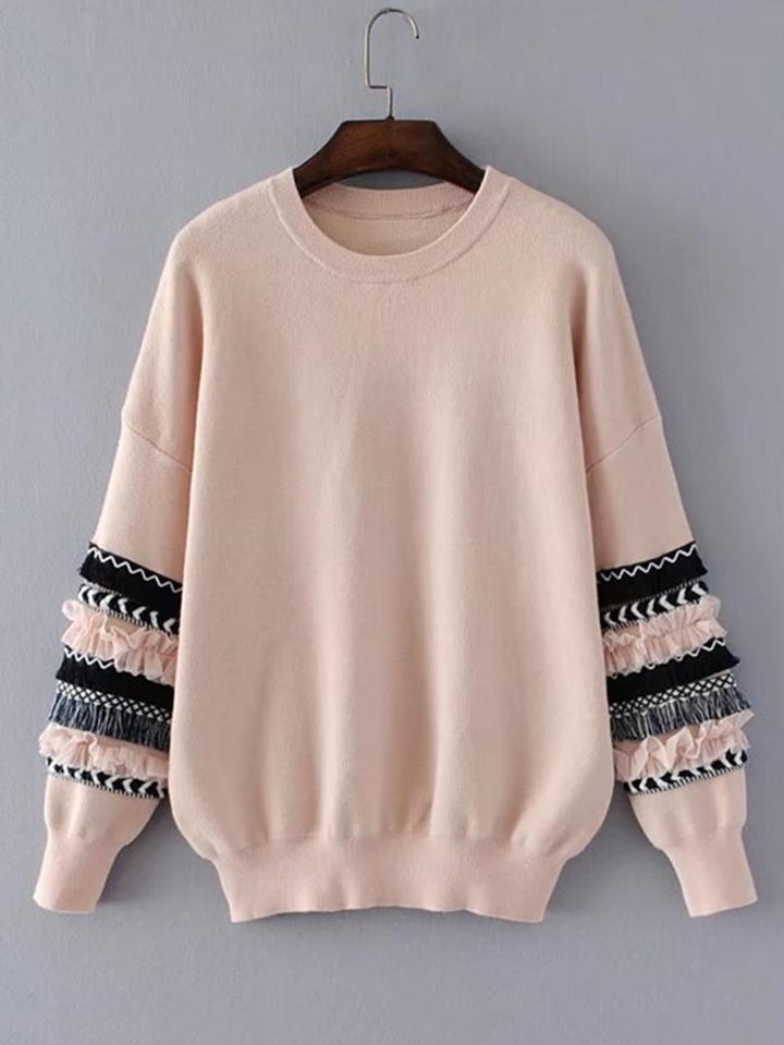 Romwe Ruffle & Fringe Insert Sleeve Knitwear