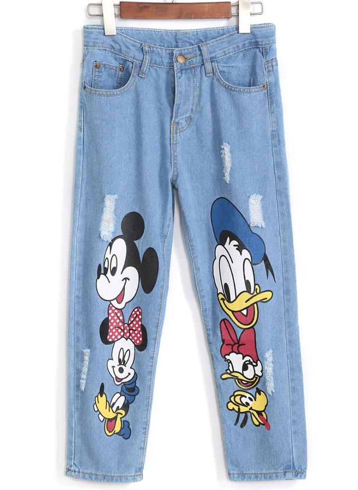 Romwe Mickey Mouse And Donald Duck Print Ripped Denim Pant