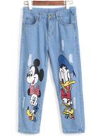 Romwe Mickey Mouse And Donald Duck Print Ripped Denim Pant