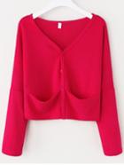 Romwe Red Dropped Shoulder Seam Cardigan With Pockets