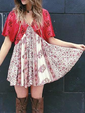 Romwe Deep V Neck Bat Sleeve Florals Chiffon Dress With Pockets