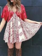 Romwe Deep V Neck Bat Sleeve Florals Chiffon Dress With Pockets