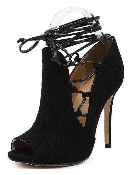 Romwe Black Cutout Lace-up Peep Toe Heeled Sandals