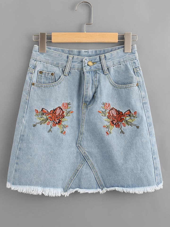 Romwe Floral Embroidered Fray Hem A Line Denim Skirt