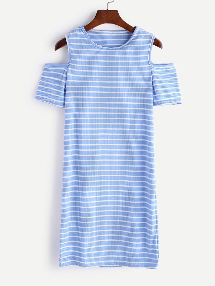 Romwe Blue Striped Cold Shoulder T-shirt Dress
