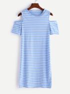 Romwe Blue Striped Cold Shoulder T-shirt Dress