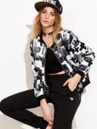 Romwe Black And White City Print Zip Up Bomber Jacket