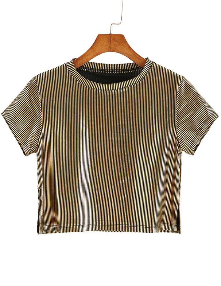 Romwe Vertical Striped Crop T-shirt