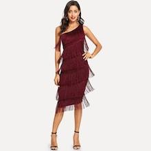 Romwe One Shoulder Tiered Fringe Detail Dress
