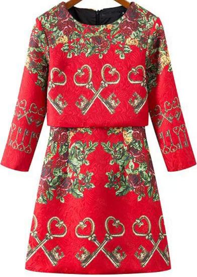 Romwe Key Print A-line Red Dress