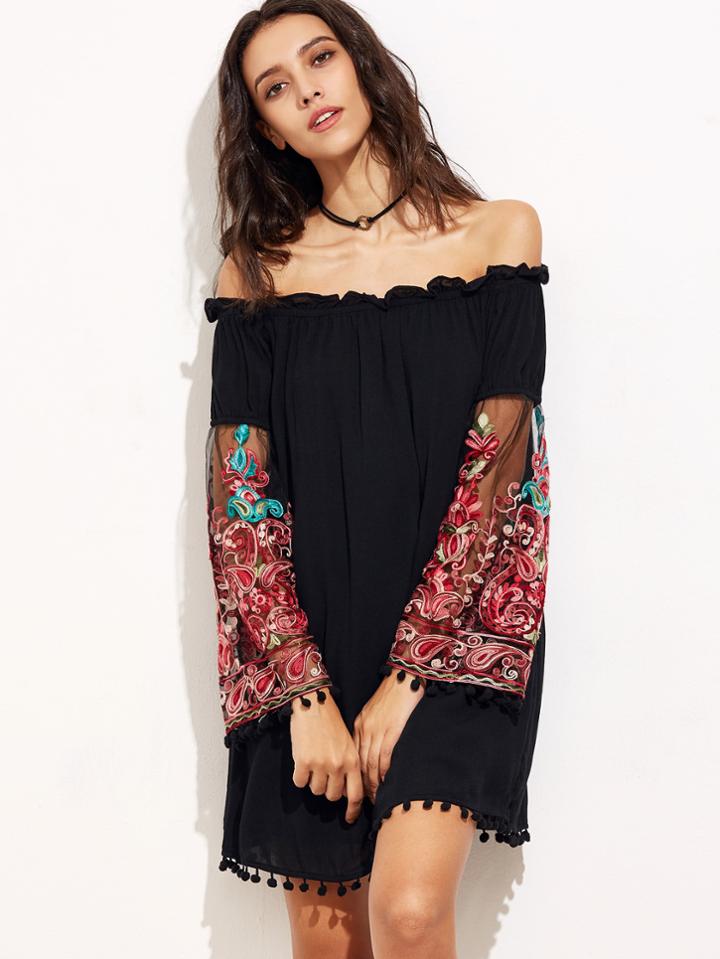 Romwe Embroidered Mesh Sleeve Pom Pom Trim Bardot Dress