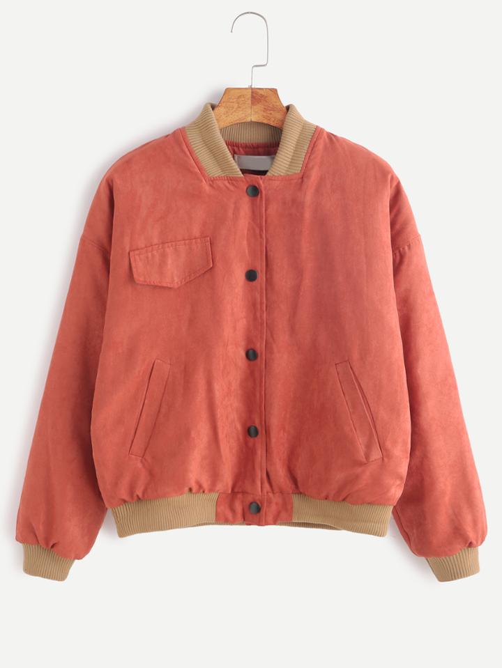Romwe Brick Red Contrast Trim Letter Embroidery Back Jacket