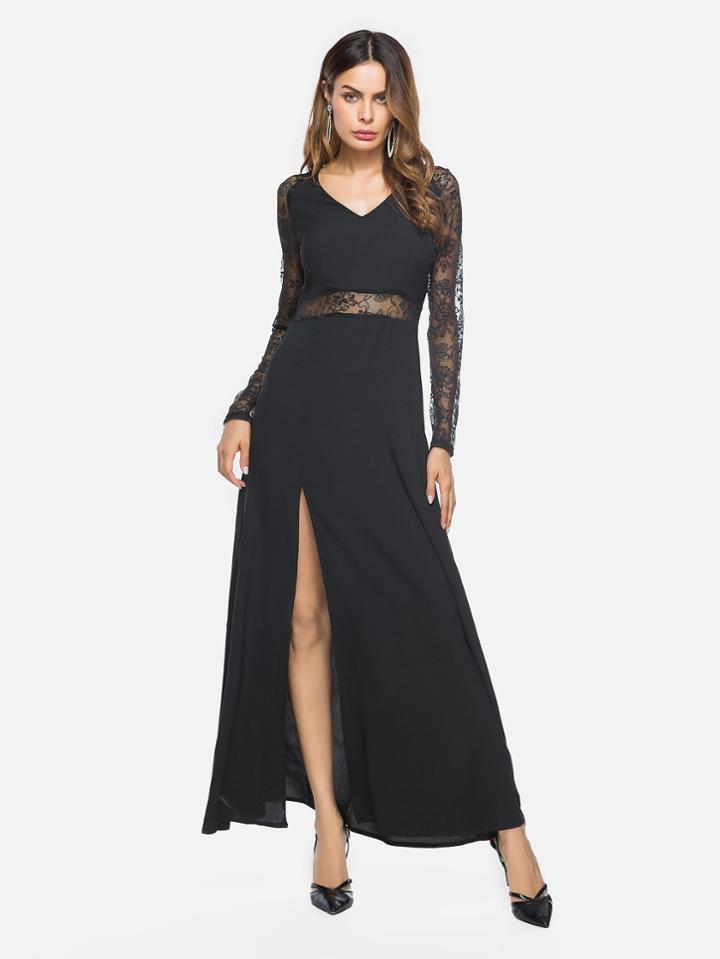 Romwe V Neckline Side Split Lace Panel Dress