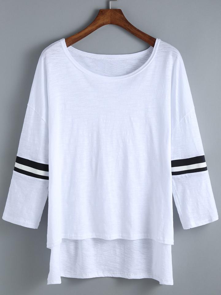 Romwe Dip Hem Varsity-striped T-shirt
