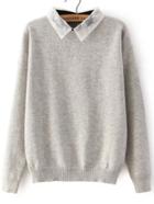Romwe Lace Lapel Knit Grey Sweater