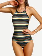 Romwe Colorful Stripe Halter Backless One-piece Swimwear