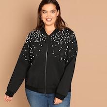 Romwe Plus Pearl Embellished Zip Up Jacket