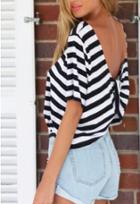 Romwe Striped Open Back T-shirt