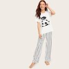 Romwe Panda Print Top & Striped Pants Pj Set