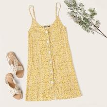 Romwe Ditsy Floral Button Up Cami Sundress