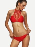 Romwe Red Macrame Halter Neck Bikini Set