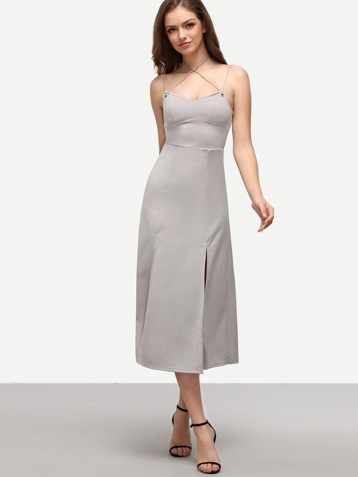 Romwe Strappy Front-slit Fit & Flare Cami Dress - Grey