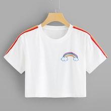 Romwe Rainbow Print Striped Crop Tee