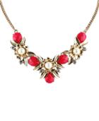 Romwe Red Gemstone Gold Pearl Chain Necklace