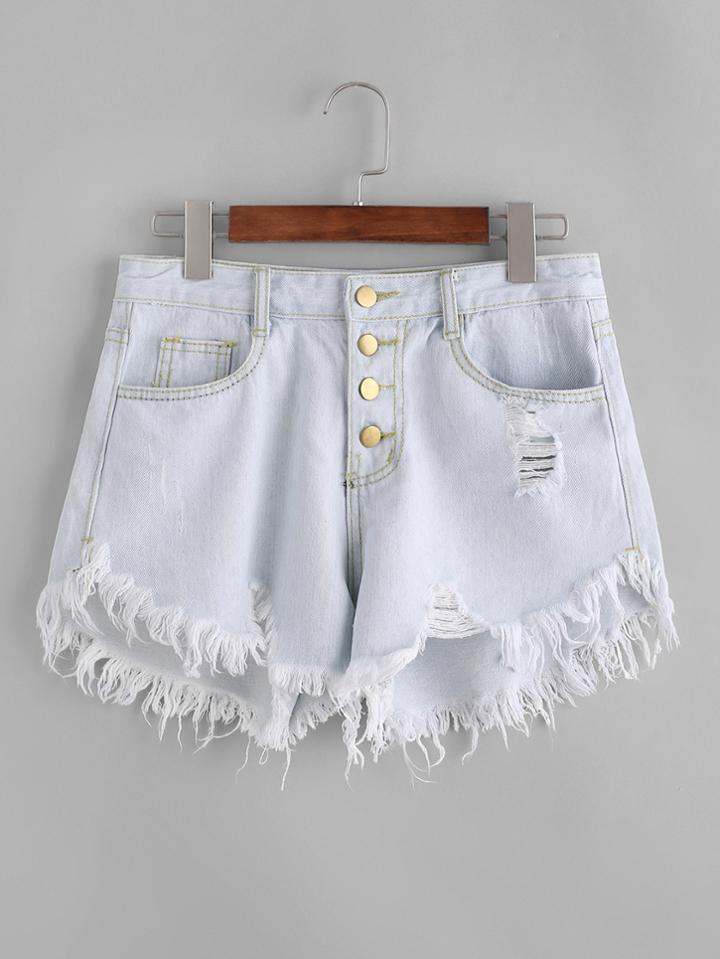 Romwe Single Breasted Destroyed Fray Hem Shorts