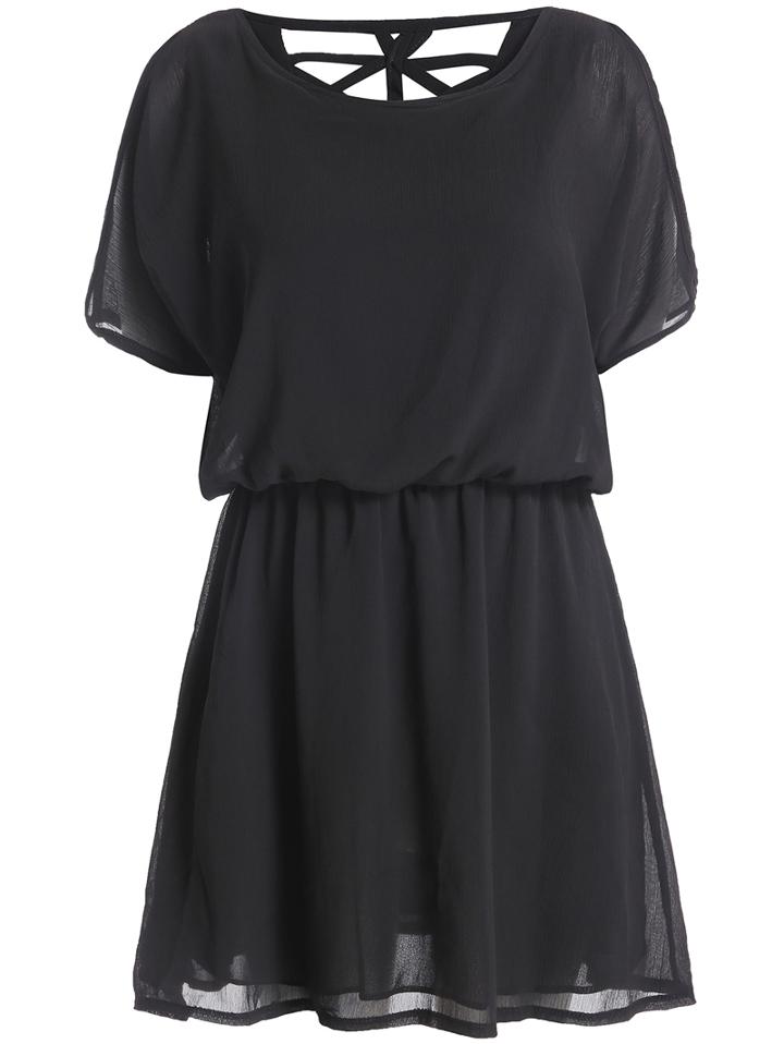 Romwe Short Sleeve Hollow Back Chiffon Black Dress