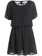 Romwe Short Sleeve Hollow Back Chiffon Black Dress