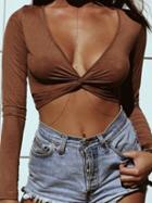 Romwe Knot-front Long Sleeve Crop Top - Brown