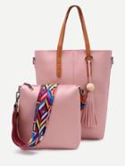 Romwe Pink Tassel Tote Bag With Wide Strap Crossbody Bag