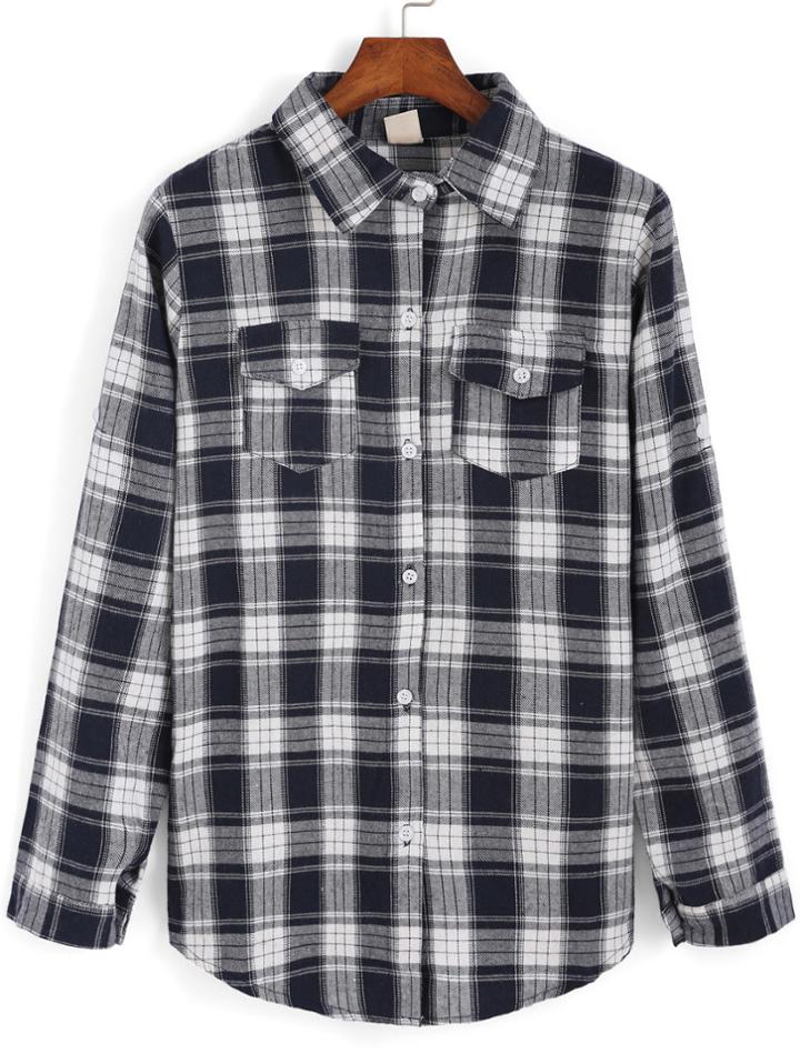 Romwe Lapel Plaid With Pockets Blouse