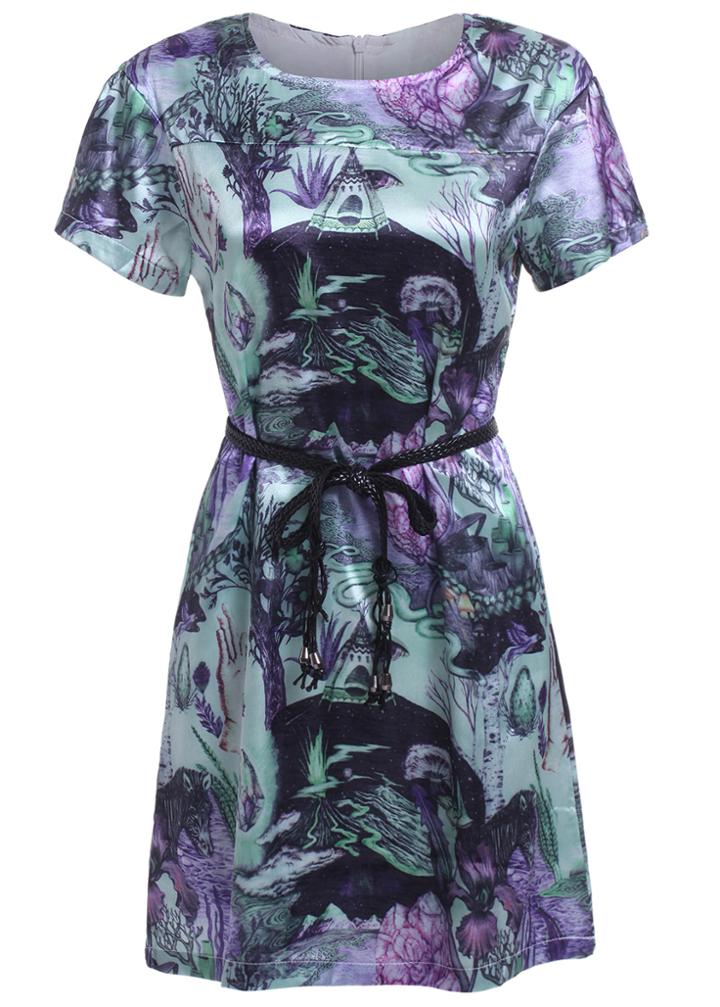 Romwe Tree Print With Belt Dress