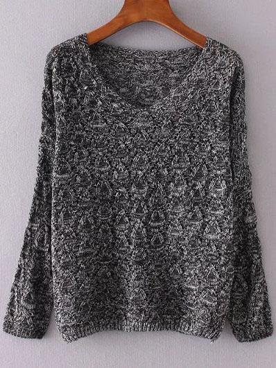 Romwe Black V Neck Loose Textured Sweater