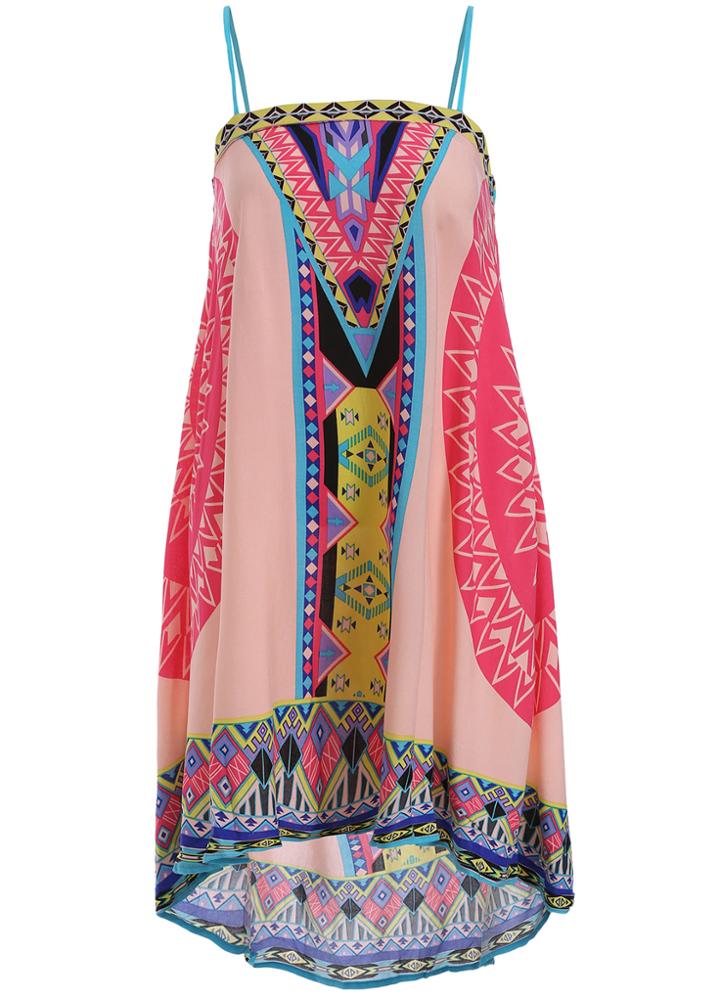 Romwe Spaghetti Strap Tribal Print High Low Dress