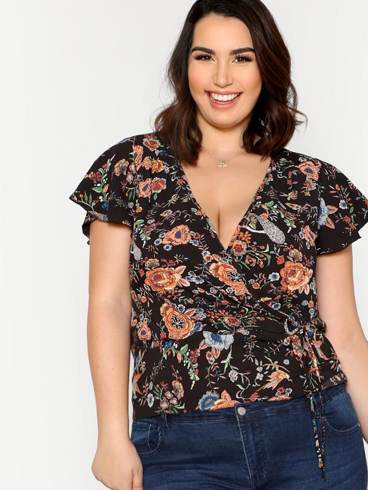 Romwe Surplice Wrap Botanical Top