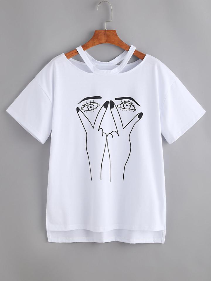 Romwe Cutout Neck Slit Side Dip Hem Tee