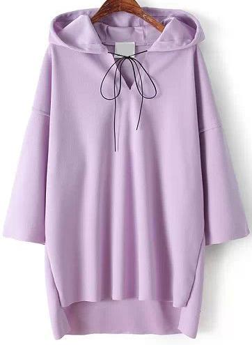 Romwe Hooded Dip Hem Loose Purple Sweatshirt