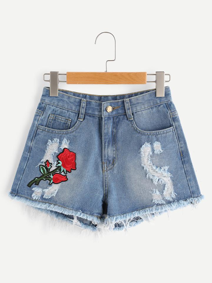 Romwe Floral Patch Distressed Fray Hem Shorts