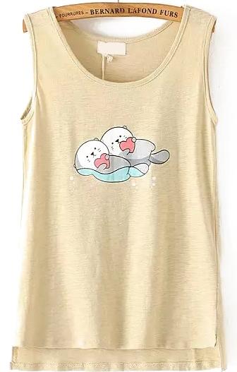 Romwe Dip Hem Beavers Print Khaki Tank Top