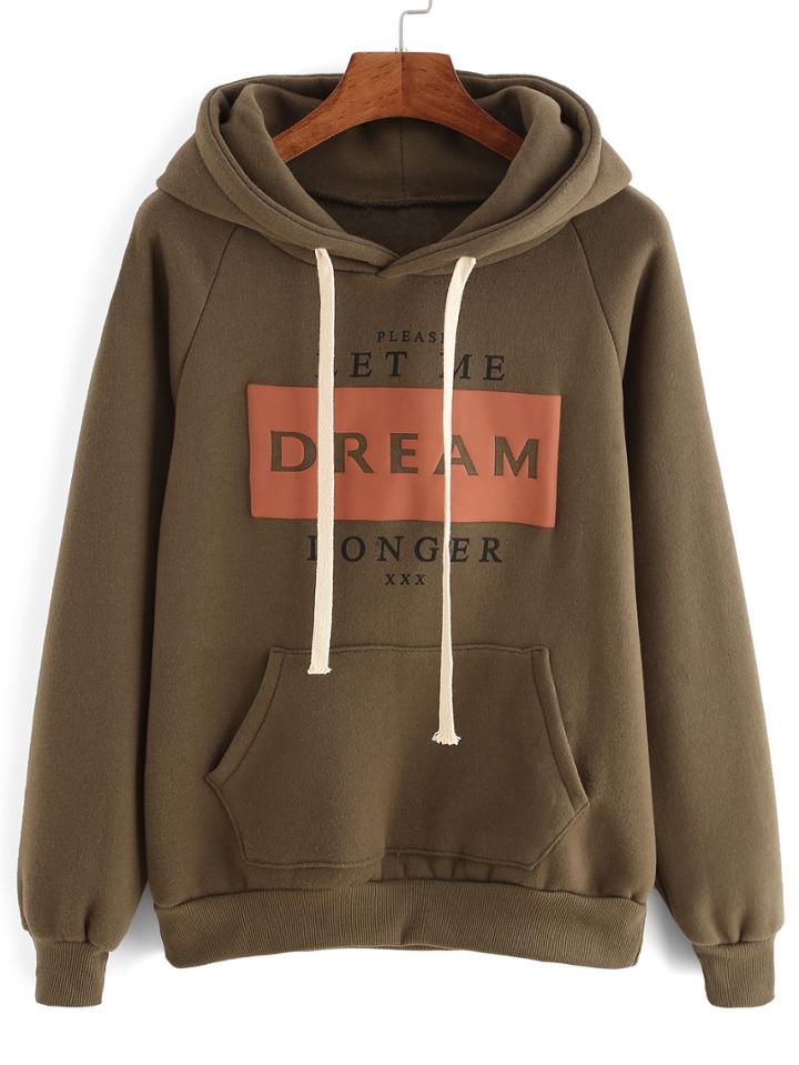 Romwe Letter Print Hooded Drawstring Sweatshirt