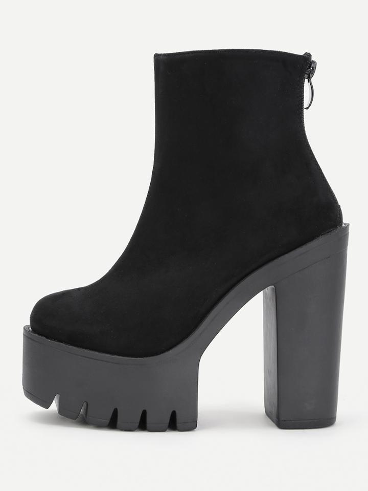 Romwe Back Zipper Block Heeled Ankle Boots