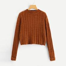 Romwe Rolled Up Sleeve Solid Ribbed Sweater