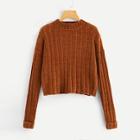 Romwe Rolled Up Sleeve Solid Ribbed Sweater