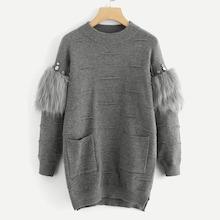 Romwe Rhinestone And Faux Fur Embellished Textured Sweater
