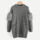 Romwe Rhinestone And Faux Fur Embellished Textured Sweater
